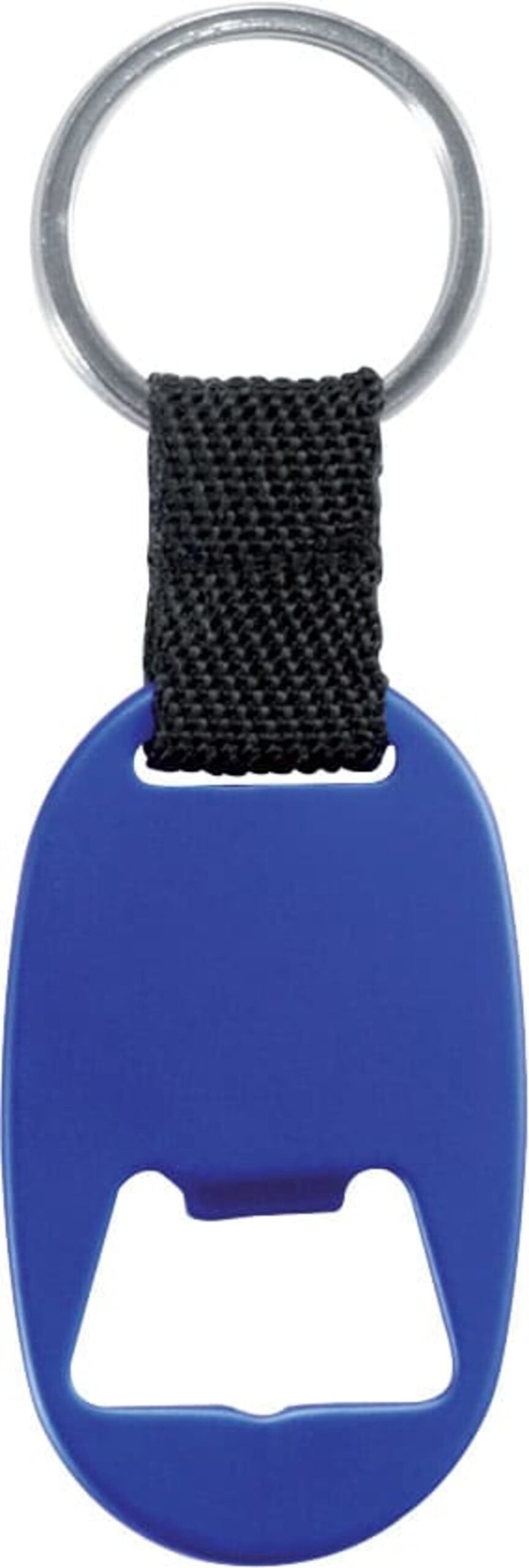 A blue plastic bottle opener with a metal ring and black woven strap. The opener has a flat oval shape and a cutout for opening bottle caps.