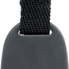 Keychain with a black fabric strap and a metal ring attached to a black flat-bottomed opener.