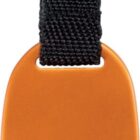 An orange bottle opener keychain with an oval shape, attached to a black fabric strap and a metal key ring.