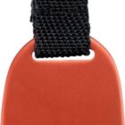 A red bottle opener keychain with a silver ring and black strap. The bottle opener has an oval shape with a cutout for opening bottles.