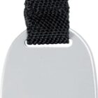 A silver metal bottle opener attached to a black fabric strap and a metal key ring. The design is simple, with the opener having a rounded body and a classic opening for bottle caps.