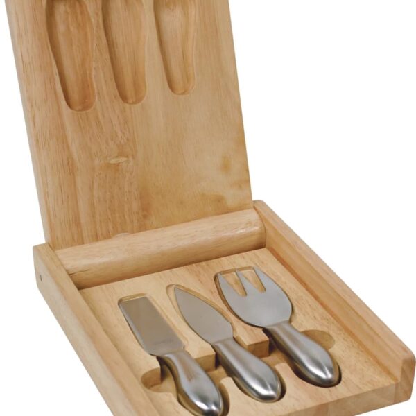 A wooden cheese board set with a lid, featuring three stainless steel cheese knives. The lid is open, revealing designated slots for each knife, which includes a flat knife, a fork-tipped knife, and a small cleaver.