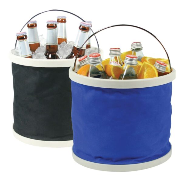 Two fabric buckets with handles. The first bucket is black and filled with ice and beer bottles. The second bucket is blue and filled with ice, glass soda bottles, and orange slices.