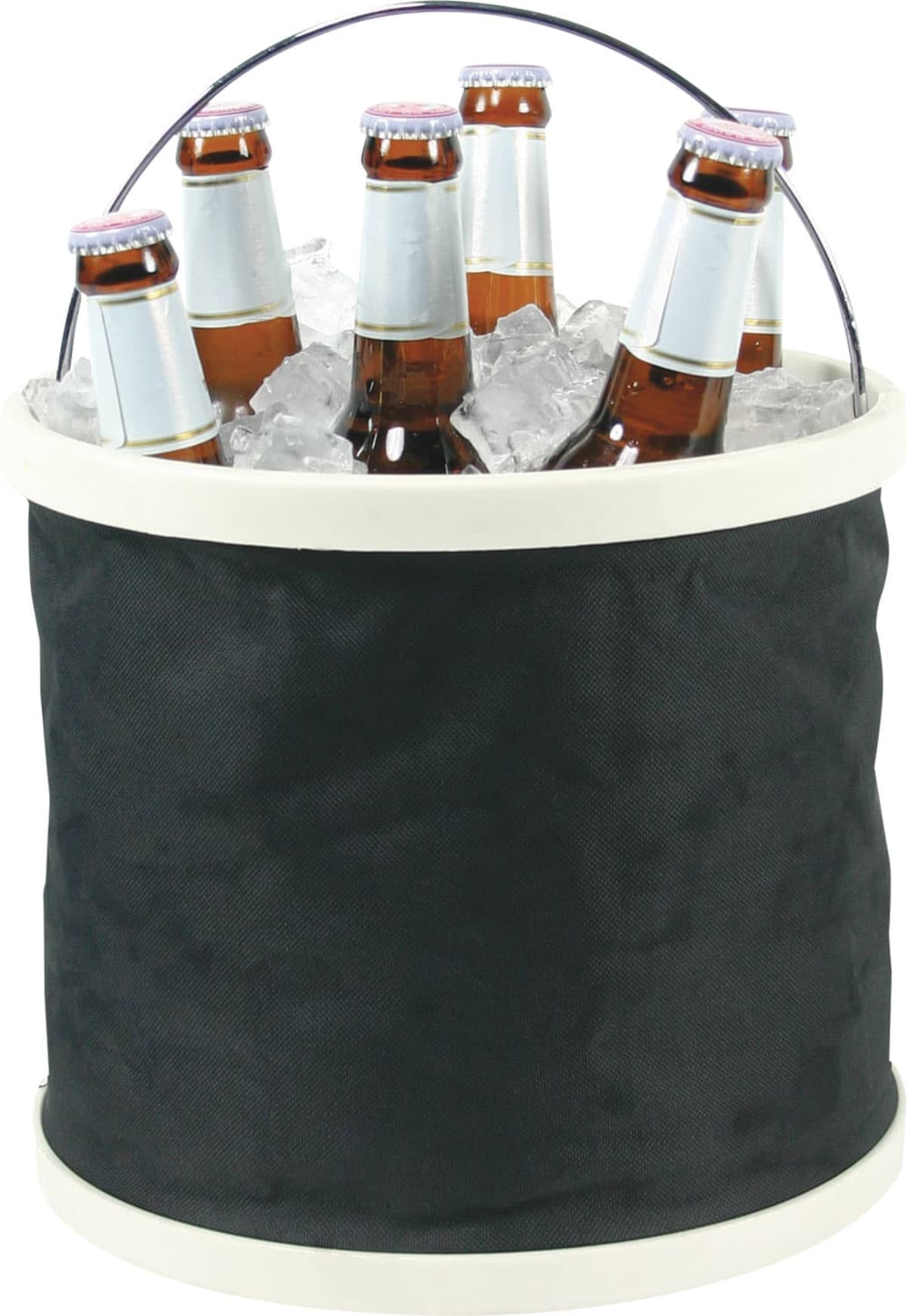 A black bucket filled with ice holds six brown beer bottles with silver caps. A metal handle is attached to the bucket.