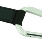 A silver carabiner attached to a black fabric strap with a rectangular black patch. The strap also has a metal key ring at the other end.