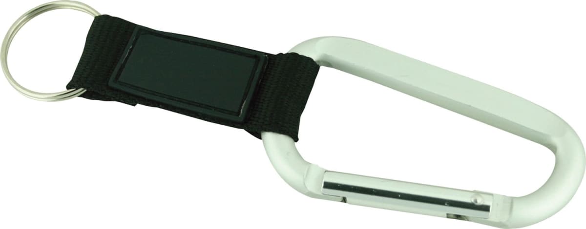 A silver carabiner attached to a black fabric strap with a rectangular black patch. The strap also has a metal key ring at the other end.