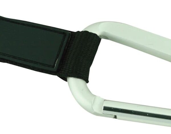 A silver carabiner keychain with a black fabric strap and a split key ring attached. The carabiner is angled to show its openable gate, designed for attaching keys or small items.