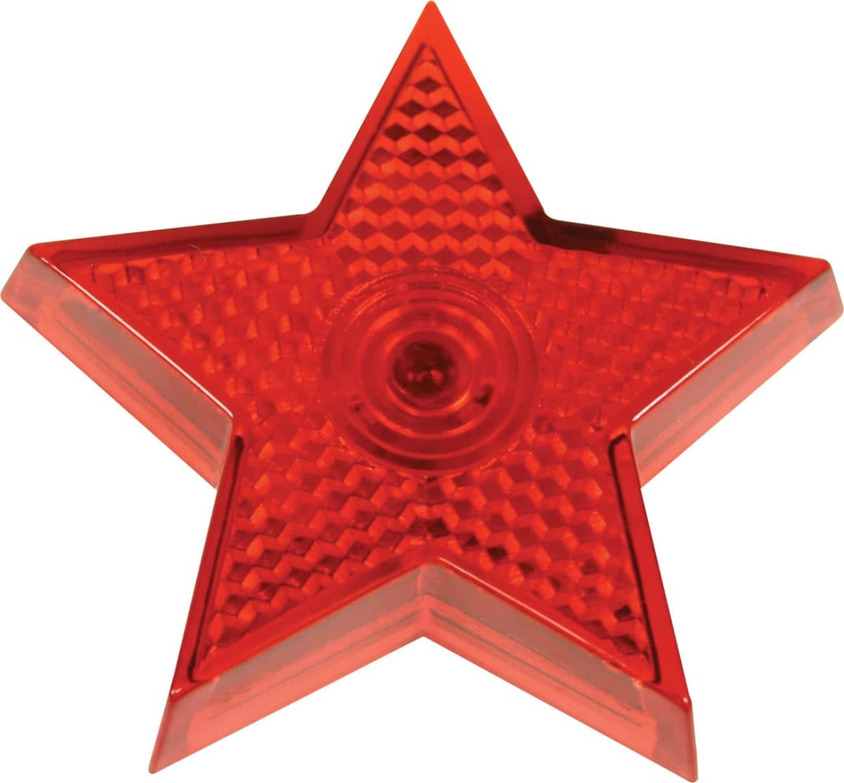 Red translucent star with a textured surface and a central circular detail. The star shape is five-pointed and appears to be made of plastic or glass, with raised edges and a glossy finish.