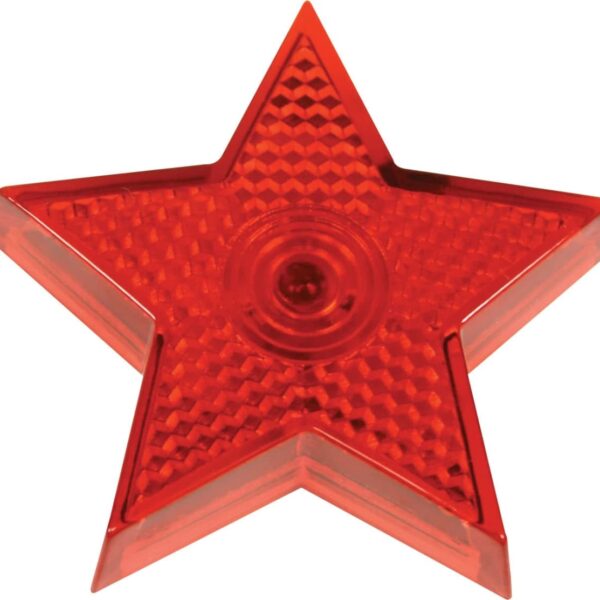 Red, star-shaped bicycle reflector with a central circular design, designed to increase visibility and safety in low-light conditions.