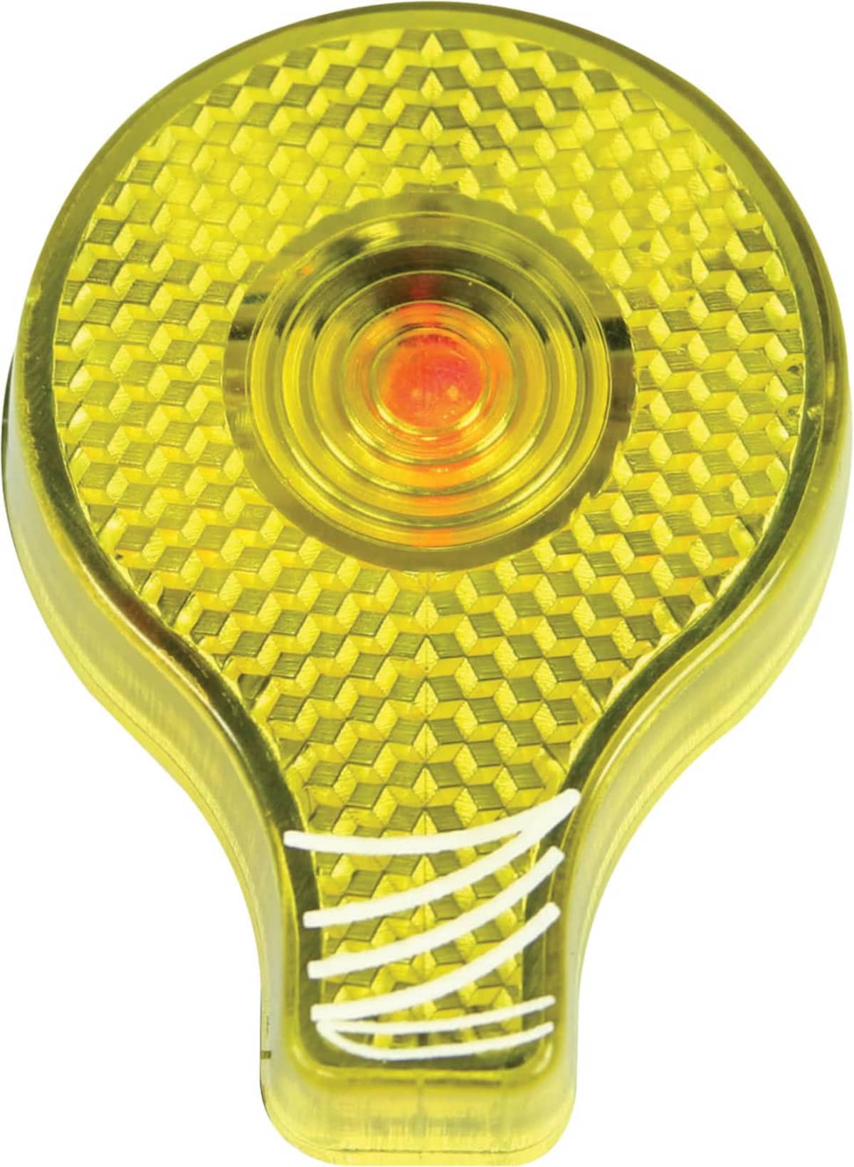A close-up of a yellow and orange plastic light reflector with a textured, honeycomb pattern. The reflector has a rounded top and a flat base with white lines.