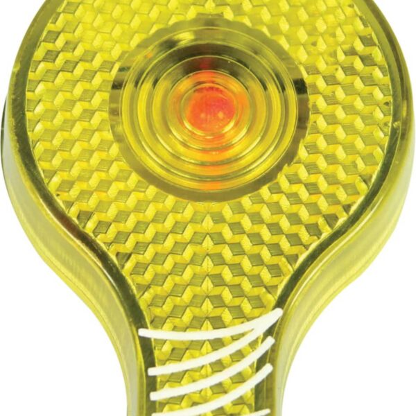 Yellow and orange round bicycle reflector with a textured surface and a white stripe at the bottom.