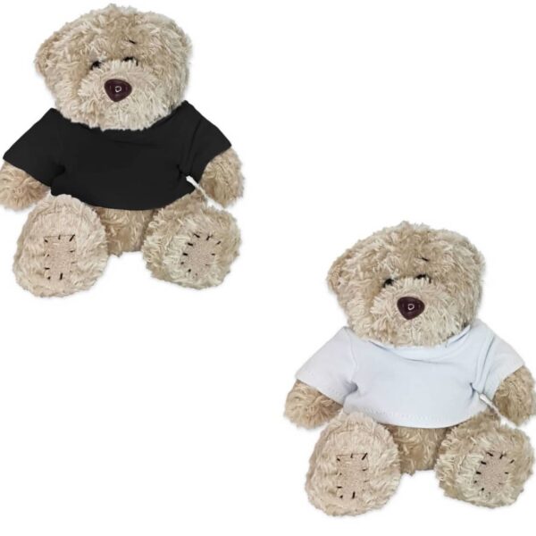 Two fluffy teddy bears are pictured against a white background. The teddy bear on the left is wearing a black shirt, while the one on the right is in a white shirt. Both have beige fur and stitched noses and smiles.