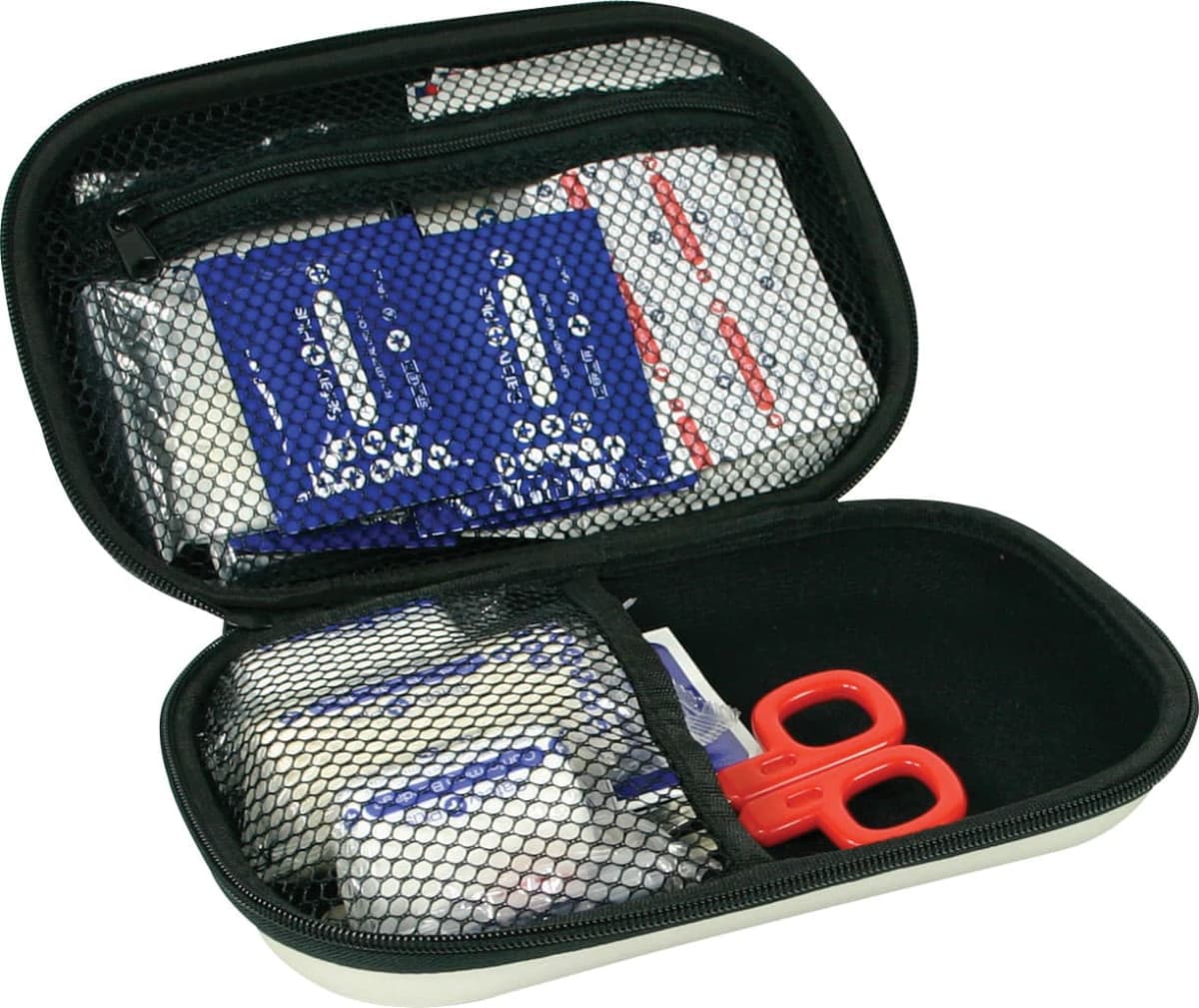 Open first aid kit with a mesh pocket, containing adhesive bandages, gauze pads, antiseptic wipes, a pair of red scissors, and rolled bandages. The kit is compact and portable, ideal for emergency medical supplies.