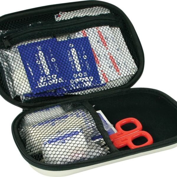 Open first aid kit with contents visible. Inside are red-handled scissors, bandages, and other medical supplies organized in a black mesh pocket. The case is black with a zipper.