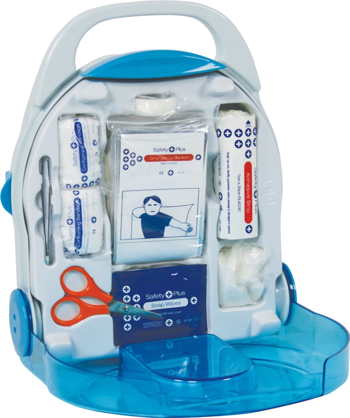 A portable first aid kit with a clear blue case, containing bandages, a pair of scissors, gauze pads, antiseptic wipes, and adhesive strips arranged in compartments. The front features an illustration of a person applying a bandage.