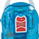 A blue plastic first aid kit with a transparent cover, displaying items like scissors, bandages, and antiseptic wipes. The central label reads Carousel First Aid Kit. The kit has a white handle, making it portable for home or work use.