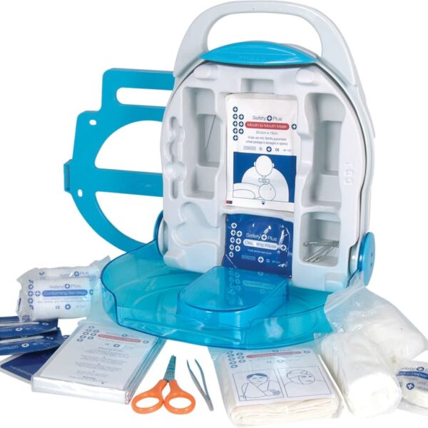 Open first aid kit with various medical supplies including bandages, scissors, gauze, and a blue organizer. The kit has a white and blue design, featuring compartments for organization and a handle for easy carrying.
