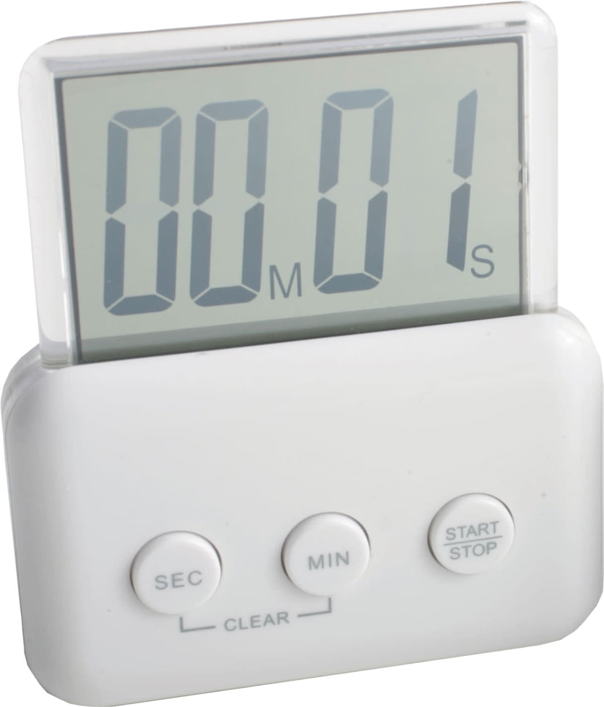 A digital kitchen timer with one second on the display. It has three buttons labeled SEC, MIN, and START/STOP. The timer is placed on a white surface.