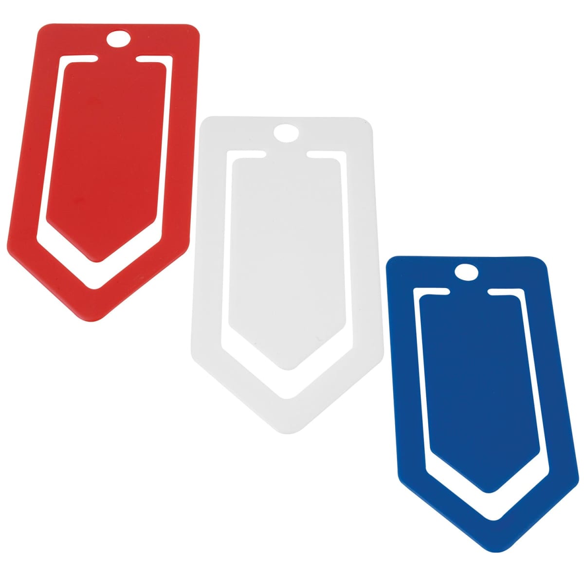 Three arrow-shaped tags in red, white, and blue. Each tag has a hole at the top and a cutout design forming an inner outline. The red tag is on the left, the white in the center, and the blue on the right.