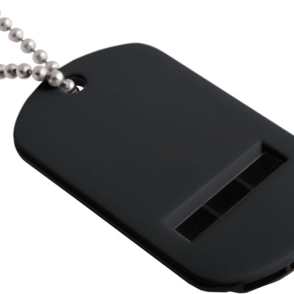 A black dog tag on a silver beaded chain. The tag has a rectangular cut-out near the bottom.