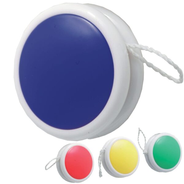 Four yo-yos with white edges and colored centers, featuring blue, red, yellow, and green. Each has a white string attached. They are positioned in a scattered arrangement on a plain background.