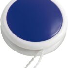 A blue and white yo-yo with a string attached, resting on a white surface.