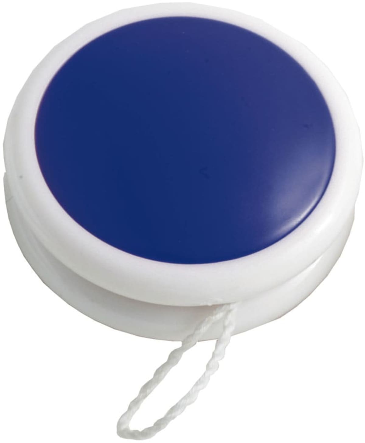 A blue and white yo-yo with a string attached, resting on a white surface.