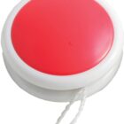 White and red yo-yo with a string attached, shown against a white background.