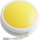 A yellow yo-yo with a white edge and a white string.