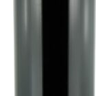 A sleek black metal water bottle with a shiny finish. It features a looped cap and a silver carabiner attached to the loop for easy carrying. The bottle has a modern and minimalist design.
