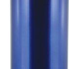 A shiny blue aluminum water bottle with a black screw-on lid and a small blue carabiner attached to the lids loop. The bottle is upright against a plain white background.