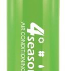 A green metal water bottle with a black cap and silver carabiner. The bottle has the text 4seasons AIR CONDITIONING LTD printed in white along with four small icons representing different weather conditions.