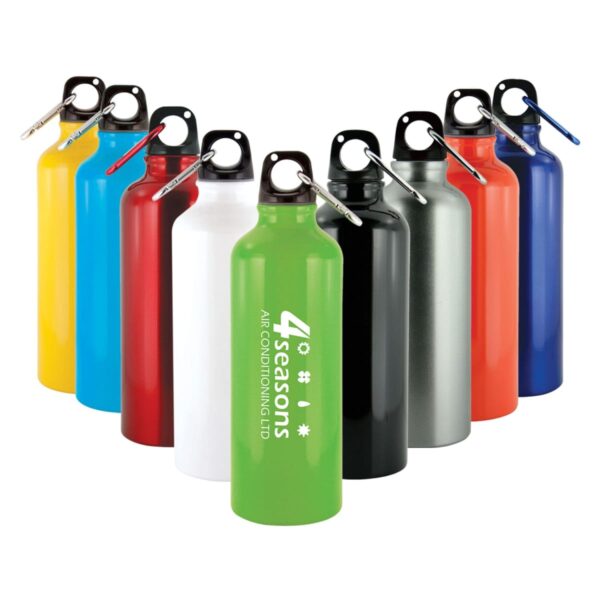 A collection of colorful metal water bottles with carabiner clips. The bottles are yellow, blue, red, white, green, black, grey, red, and orange. The green bottle has a white logo that reads 4 seasons air conditioning LTD.