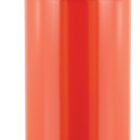 A bright orange water bottle with a black cap and a metal carabiner attached to the loop at the top.
