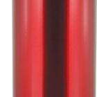 A shiny, metallic red water bottle with a black plastic screw-on cap and a red carabiner attached to the loop on the cap. The bottle has a smooth, reflective surface.