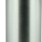 Silver metal water bottle with a black screw-on cap and a metal carabiner attached to the top. The bottle has a sleek, cylindrical design and a smooth finish.