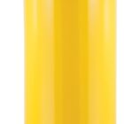 A tall, cylindrical yellow water bottle with a black plastic screw-on cap, featuring a metal carabiner attached to the caps loop for easy carrying.