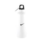 White water bottle with a black swoosh logo, featuring a black cap and a metal carabiner attached to the loop on top.