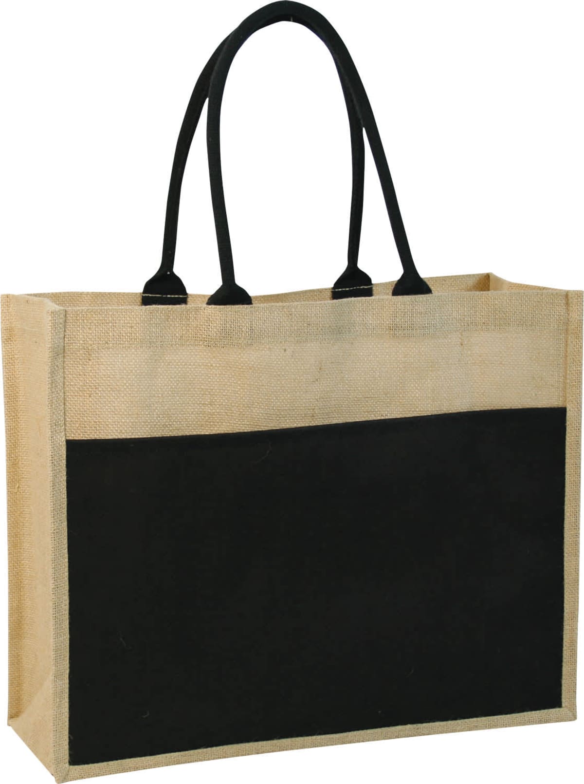 A jute tote bag with black handles and a large black front pocket. The bag is rectangular and made of a natural beige material, creating a contrast with the solid black panel and handles.