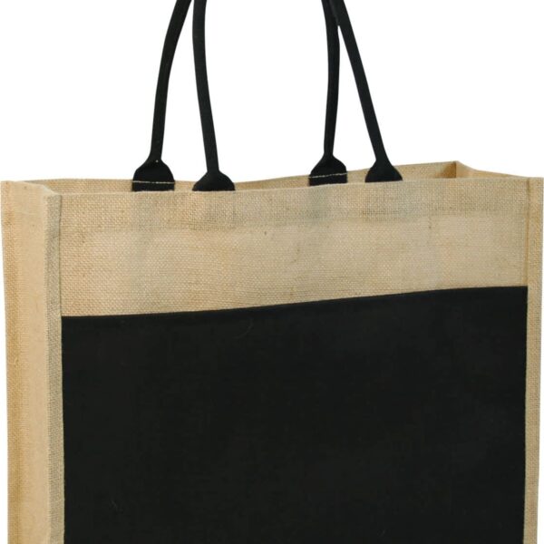 A burlap tote bag with black handles and a black front pocket. The bag has a natural beige color with a rectangular shape, offering a spacious interior. The design is simple and functional, suitable for various uses.