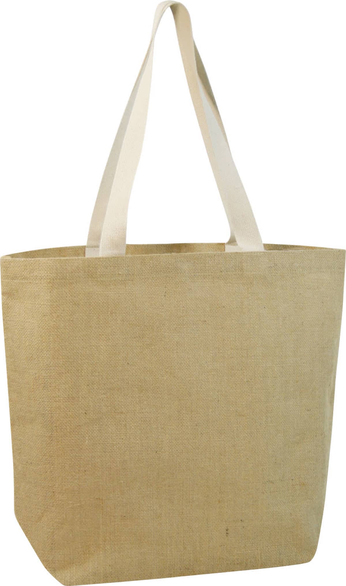 A plain beige canvas tote bag with two white handles.