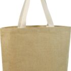 A plain beige tote bag with sturdy white handles. The bag has a simple, minimalist design and appears to be made of a fabric with a slightly coarse texture, possibly jute or canvas.