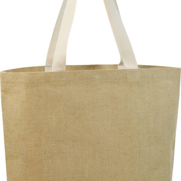 A plain beige tote bag with sturdy white handles. The bag has a simple, minimalist design and appears to be made of a fabric with a slightly coarse texture, possibly jute or canvas.