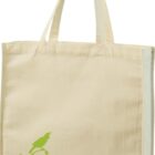 A beige tote bag with long handles, featuring a green design of a bird perched on a branch with leaves and swirls. The words TODAY for are printed next to the design.