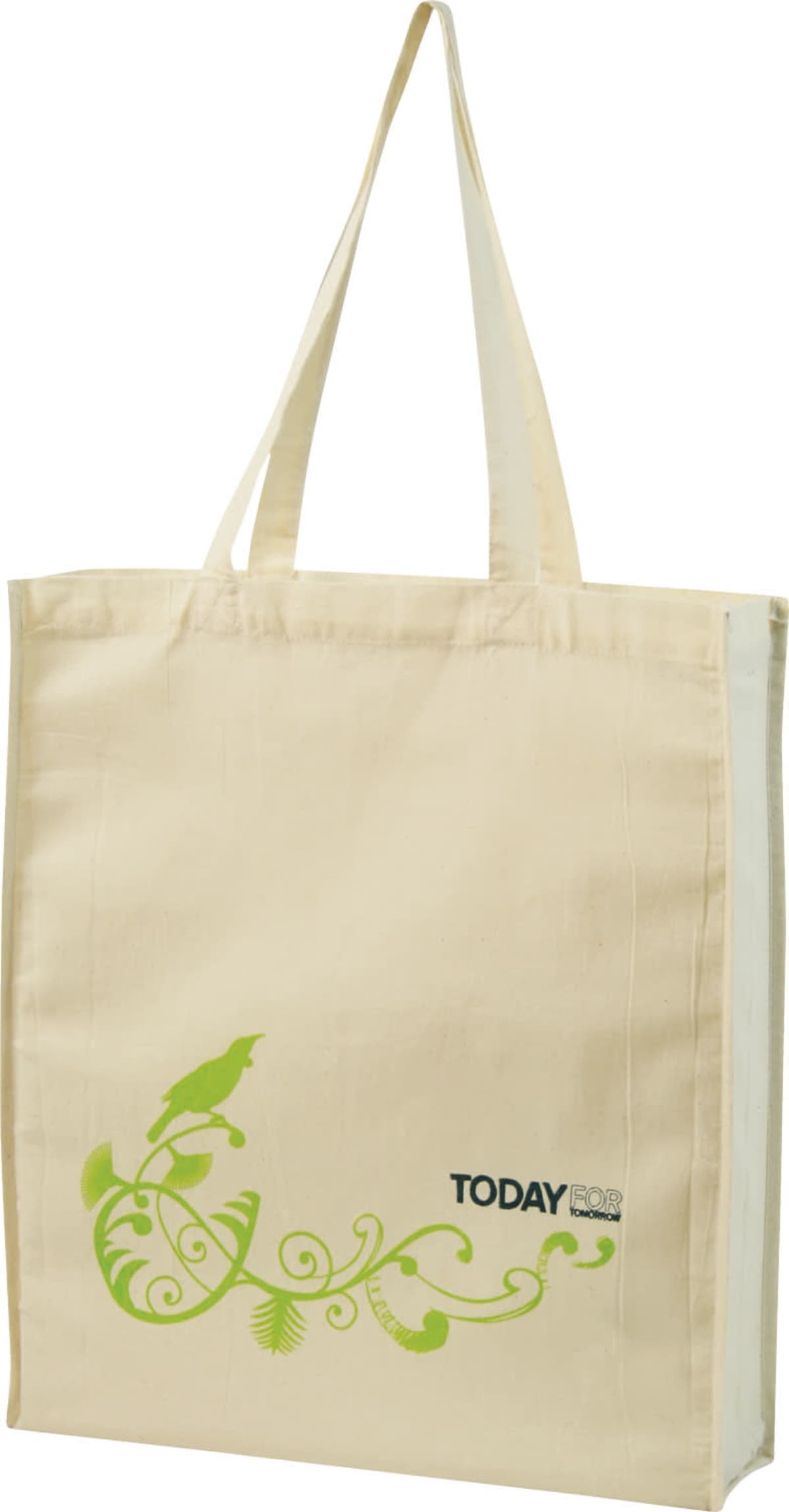 A beige tote bag with long handles, featuring a green design of a bird perched on a branch with leaves and swirls. The words TODAY for are printed next to the design.