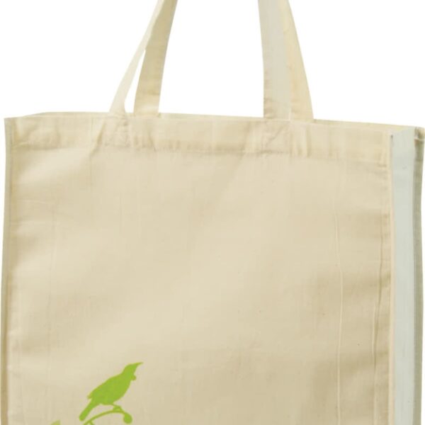 A beige tote bag with green design features a bird perched on a swirling vine with leaves. The text TODAY is printed alongside the design in black. The bag has two long handles.