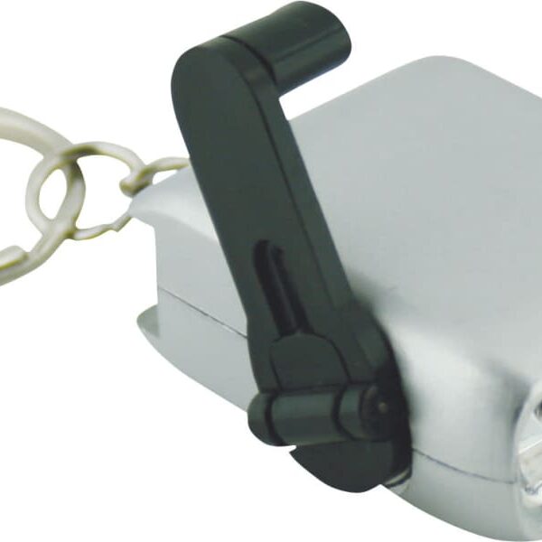 A small, rectangular silver flashlight with three LED bulbs. It features a black hand-crank on the side and is attached to a silver keyring.