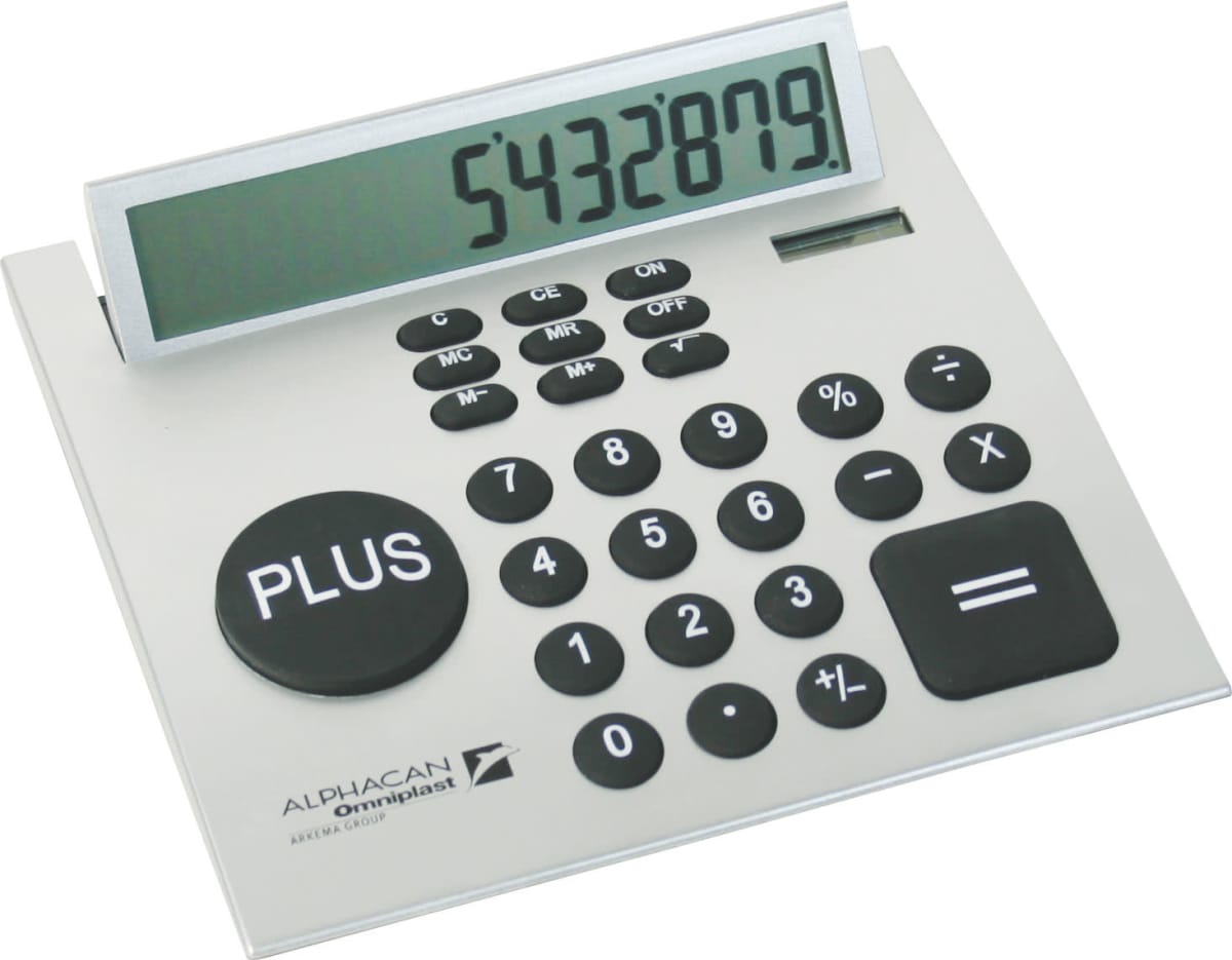 A large-button calculator displaying the number 5432879 with a PLUS button on the left and a big = button on the right. It has a silver and black color scheme and is branded with Alphacan Omniplast.