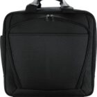 A black rolling laptop bag with a top handle and two wheels. The bag features a zippered front compartment and a structured design suitable for travel or business use.