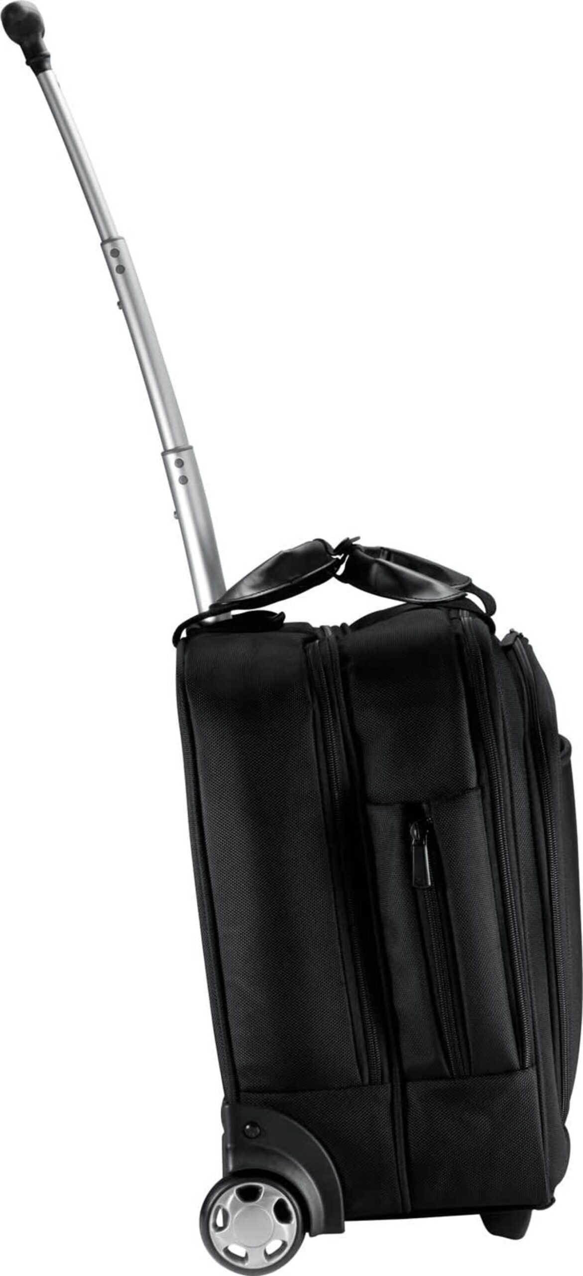 Black rolling suitcase with a retractable silver handle, standing upright. The suitcase features two wheels and multiple zippered compartments, designed for travel convenience.
